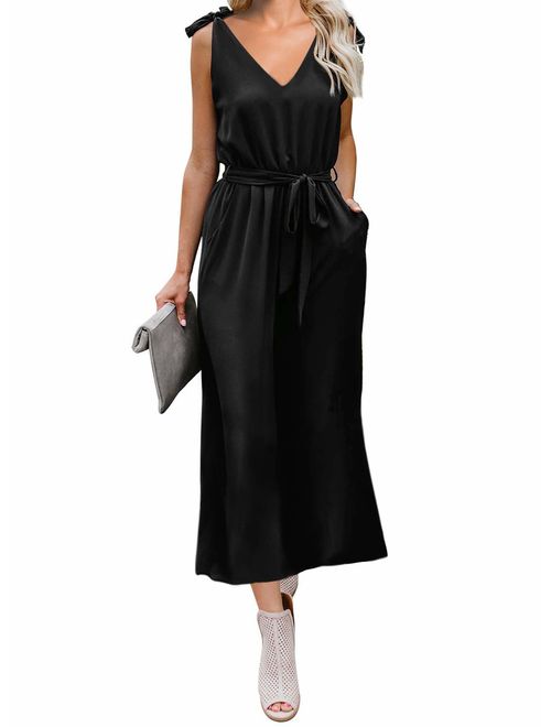 Prettygarden PRETTYGADEN Women's Fashion V-Neck Sleeveless Dresses Strap Tie Waist Loose Midi Dress with Pockets