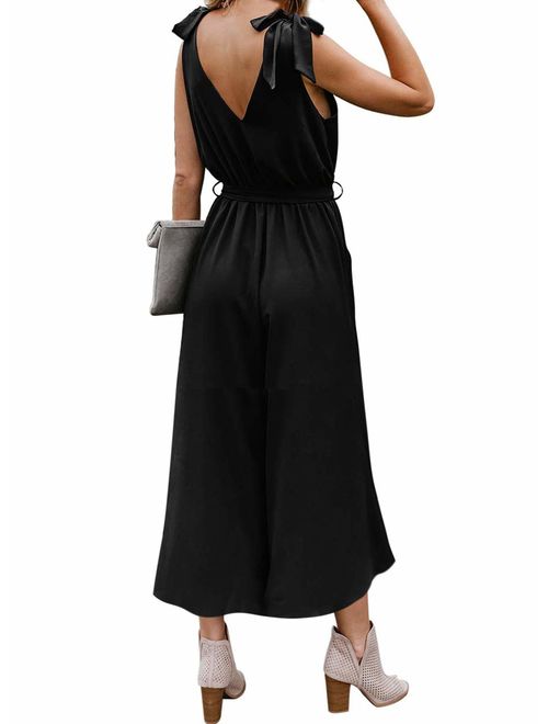 Prettygarden PRETTYGADEN Women's Fashion V-Neck Sleeveless Dresses Strap Tie Waist Loose Midi Dress with Pockets