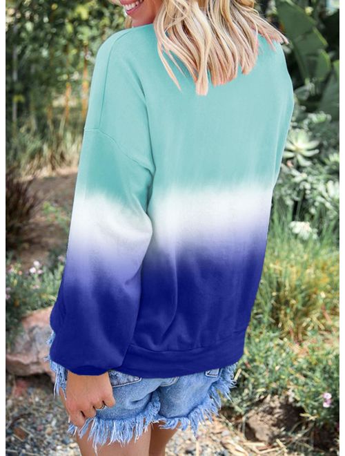 PRETTYGARDEN Women's Casual Crew Neck Long Sleeve Gradient Contrast Color-Block Pullover Blouse Tops Loose Sweatshirts