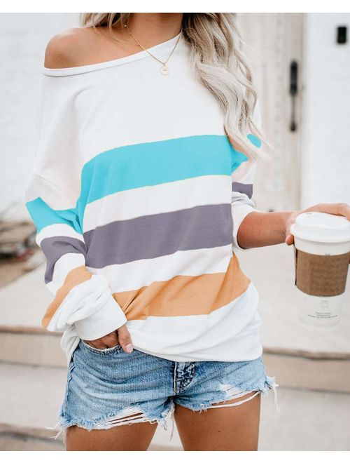 PRETTYGARDEN Women's Casual Striped Color-Block Long Sleeve Tops Sexy Off-Shoulder Tunics Blouses Pullover Sweatshirt
