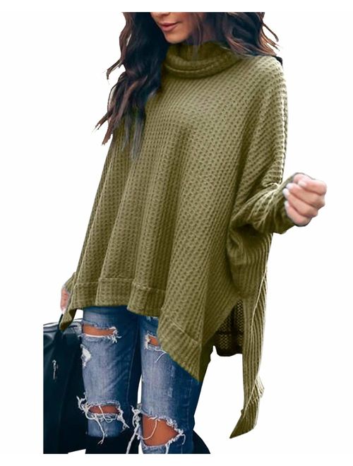 PRETTYGARDEN Women's Casual Cowl Neck Solid Long Batwing Sleeve Pullover Tops Waffle Knit High Low Oversized Tunic Sweatshirt