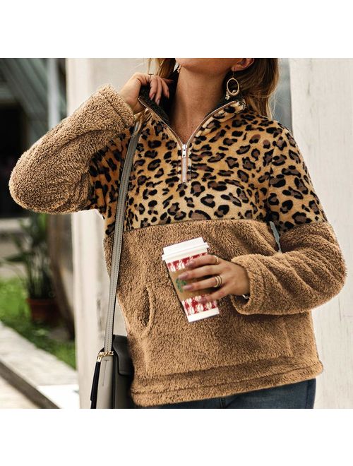 PRETTYGARDEN Women's Leopard Print Long Sleeve Pullover Color-Block Lapel Zipper Sherpa Fleece Sweatshirt with Pockets