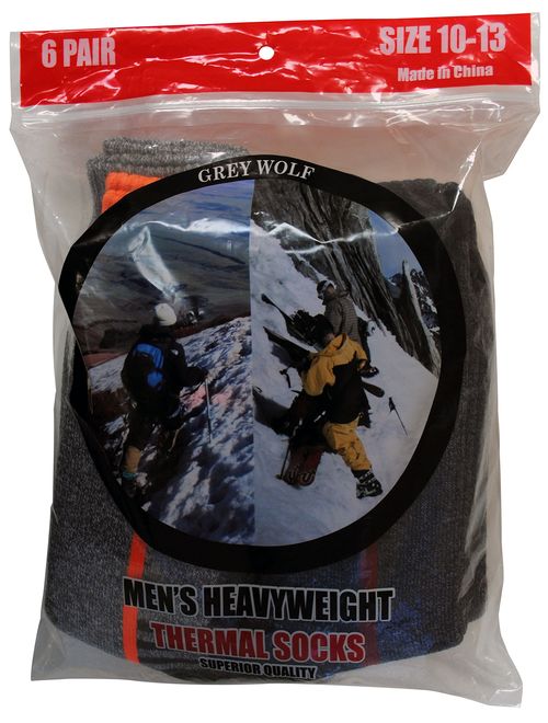Grey Wolf Men's 6 Pairs Heavyweight Thermal Comfort Hiker Crew Length Sock