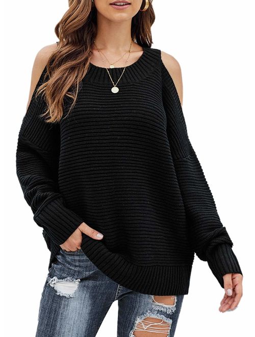 PRETTYGARDEN Women's Loose Batwing Sleeve Baggy Solid Crewneck Cold Shoulder Pullover Sweater Knit Jumper Tops