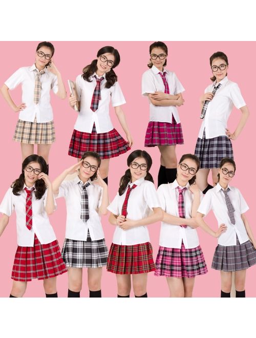 Japanese Tartan Pleated School Uniform Cosplay Costumes with Socks Eyeglass Frame Set