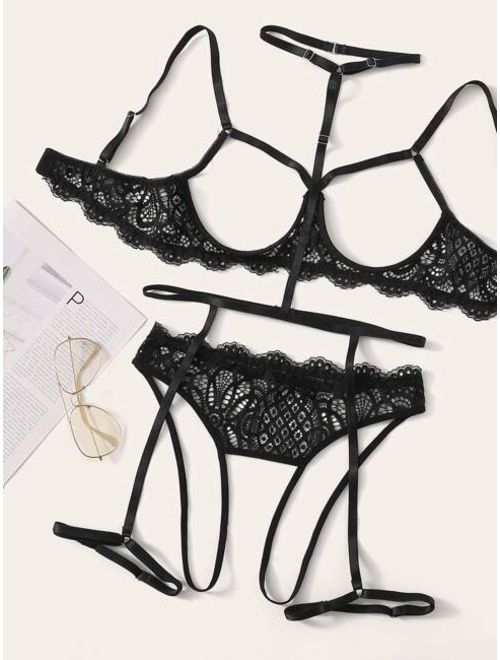 Shein Floral Lace Garter Lingerie Set With Choker