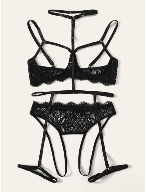 Shein Floral Lace Garter Lingerie Set With Choker