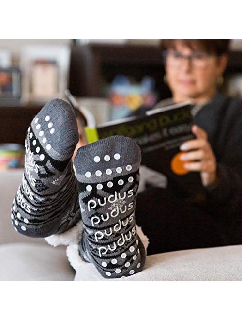 Pudus Cozy Winter Slipper Socks Women & Men w Non-Slip Grippers Faux Fur Sherpa
