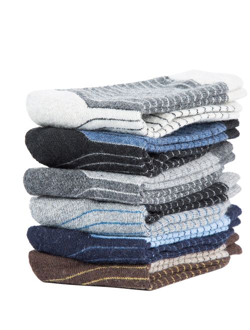 6 Pairs Mens Warm Wool Socks Thick Winter Thermal Stripe Wool Crew Socks
