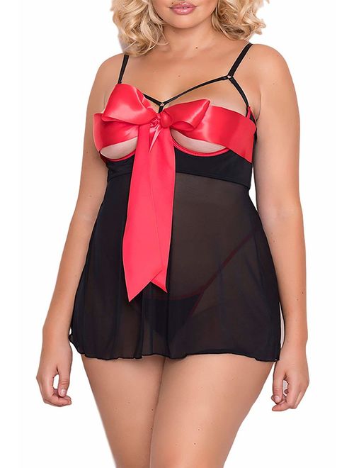 Womens Unwrap Me Babydoll, Sexy See Through Red Bow Lingerie Set