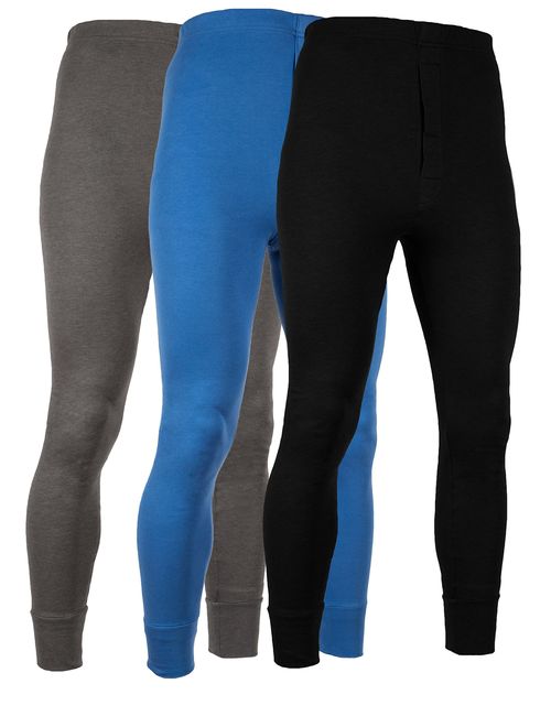 AMERICAN ACTIVE Men's Long Johns Thermal Base Layer Pants 100% Cotton Fleece Lined Underwear -Pack of 3