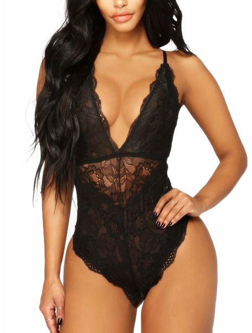 Kaei&Shi V-Neck See Through Lingerie Floral Lace Babydoll Sexy Lingerie for Women One Piece Bodysuit