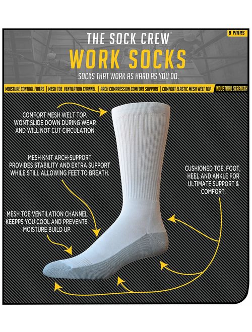 The Sock Crew Mens 8 Pair Pack Crew Socks Work Socks with Cushion Sole, Arch Support and Mesh Ventilation