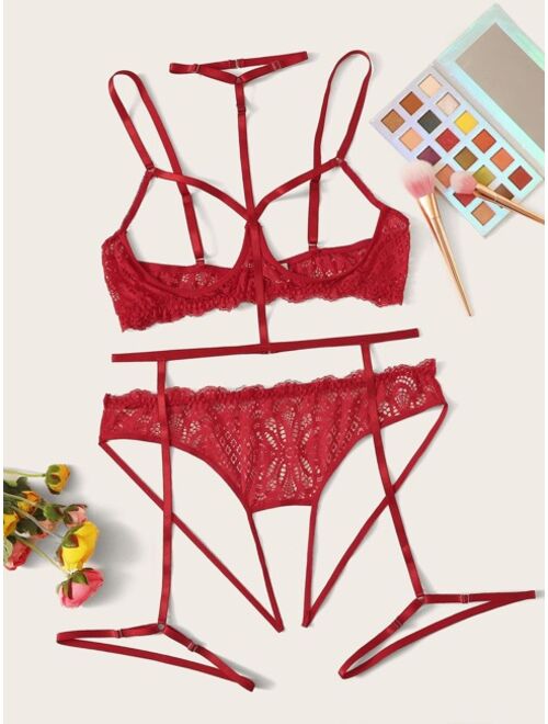 Buy Plus Floral Lace Crotchless Garter Lingerie Set With Choker Online