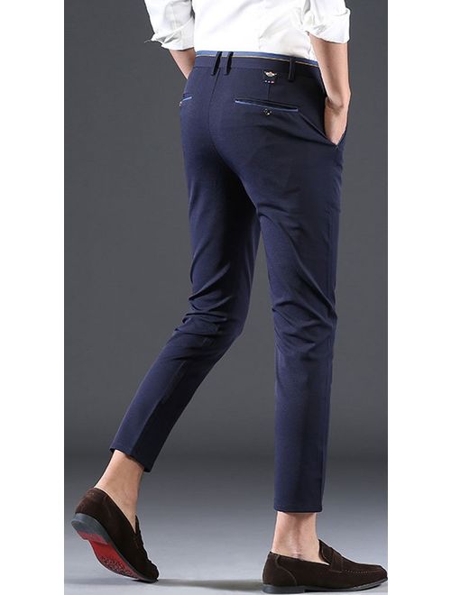 Plaid&Plain Men's Stretch Skinny Fit Casual Business Pants Ankle Dress Pants