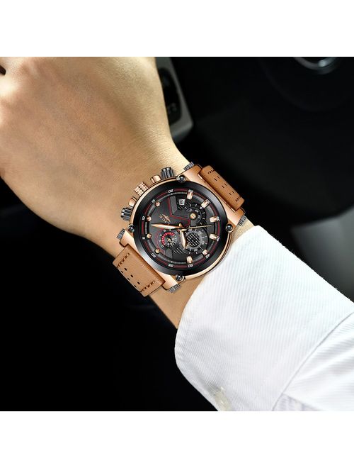 LIGE Men's Fashion Sport Quartz Watch with Brown Leather Strap Chronograph Waterproof Auto Date Analog Black Men Wrist Watches