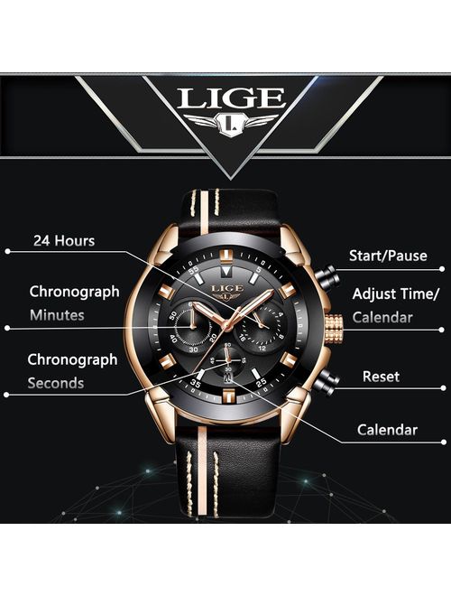 LIGE Watches for Men Sports Chronograph Waterproof Analog Quartz Watch with Black Leather Band Classic Casual Big Face Mens Wrist Watch Gold Black