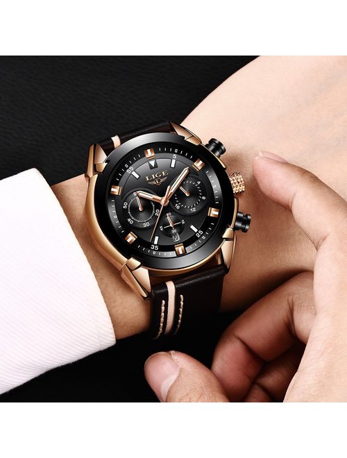 LIGE Watches for Men Sports Chronograph Waterproof Analog Quartz Watch with Black Leather Band Classic Casual Big Face Mens Wrist Watch Gold Black
