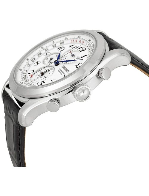 Seiko Men's SPC131P1 Neo Classic Alarm Perpetual Chronograph White Dial Black Leather Strap Watch