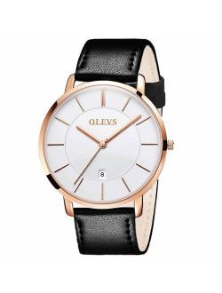 Mens Minimalist Ultra Thin Watches Fashion Casual Analog Quartz Date Watch Waterproof,Male Slim Simple Alloy Big Face Dial Dress Wrist Watch with Retro Genuine Leat