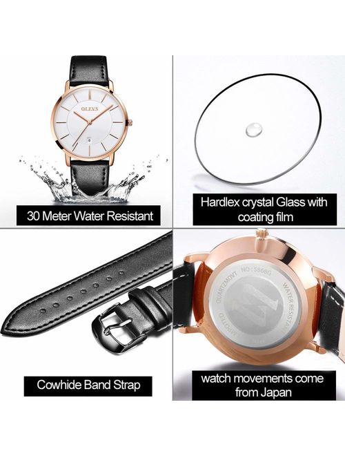 OLEVS Mens Minimalist Ultra Thin Watches Fashion Casual Analog Quartz Date Watch Waterproof,Male Slim Simple Alloy Big Face Dial Dress Wrist Watch with Retro Genuine Leat