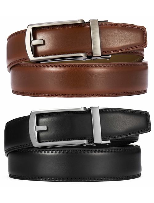 Ratchet Click Genuine Leather Adjustable Buckle Belt 2 Packs 1 1/8