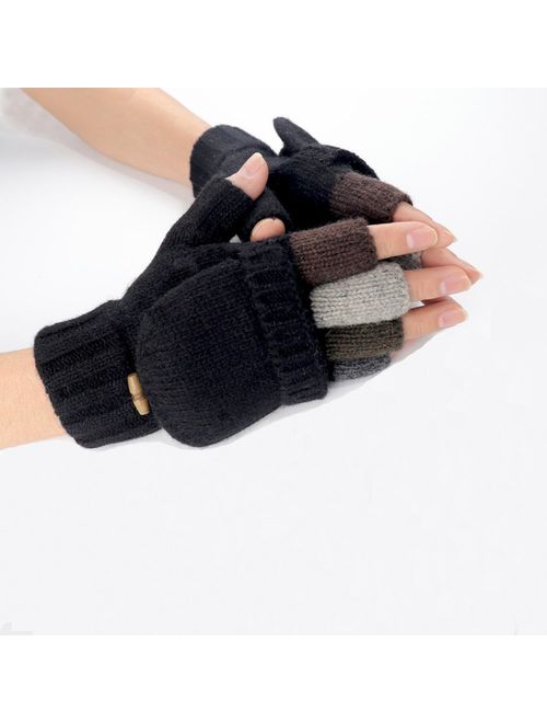 Akayboya Winter Warm Knitted Fingerless Gloves Convertible Wool Gloves with Mittens Cover