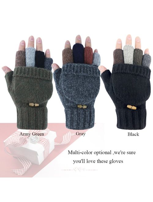 Akayboya Winter Warm Knitted Fingerless Gloves Convertible Wool Gloves with Mittens Cover