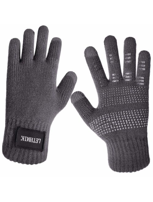 LETHMIK Mens Non-Slip Winter Gloves,Touchscreen Thick Knit Texting Gloves with Warm Wool Lining