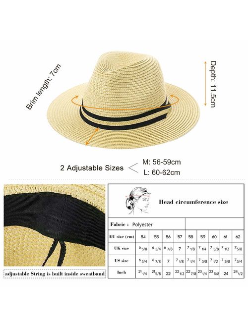 Fedora Straw Fashion Sun Hat Packable Summer Panama Beach Hat Men Women 56-62CM