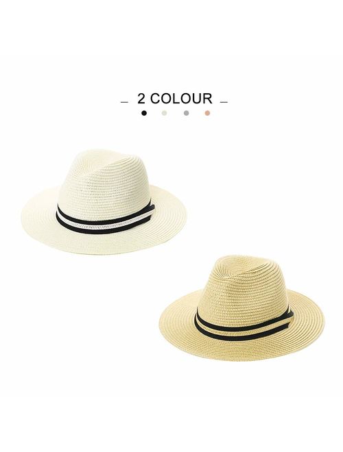 Fedora Straw Fashion Sun Hat Packable Summer Panama Beach Hat Men Women 56-62CM