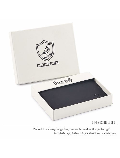 COCHOA Men's Real Leather Travel RFID Blocking Bifold Stylish Wallet With 2 ID Window, GIFT BOX