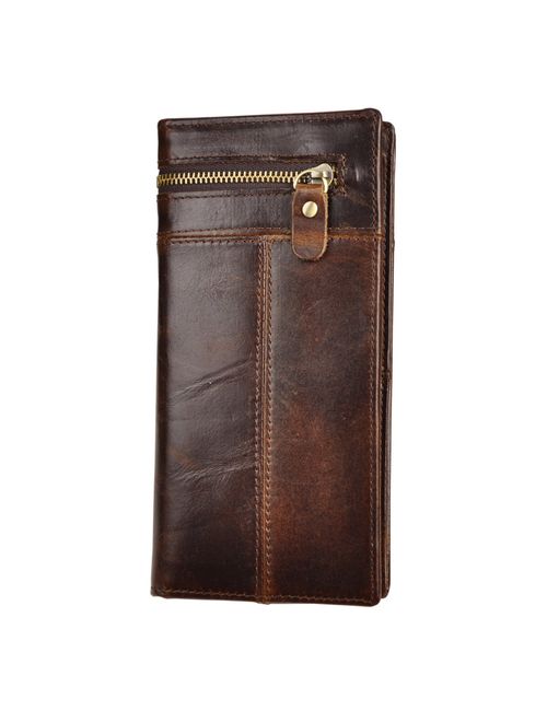 Le'aokuu Mens Leather Zipper Pocket Id Business Card Case Holder Organizer Wallet Phone Case Designer Bifold Checkbook Purse