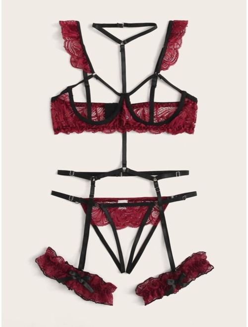 Shein Floral Lace Underwire Garter Lingerie Set With Choker