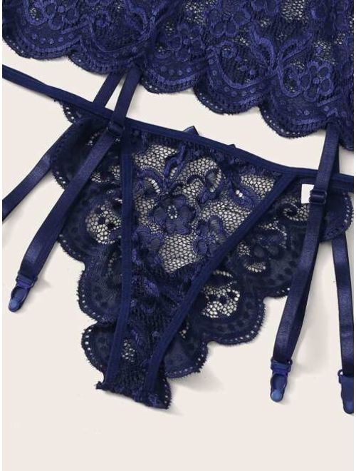 Floral Lace Garter Slips With Thong
