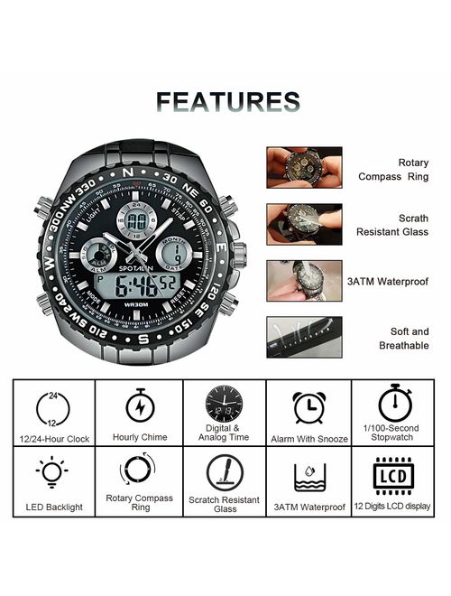 SPOTALEN Men's Sport Watch Waterproof Military Wrist Watches Multi-Functional Analog Digital Backlight Watches in Black Silicone Band Dial 1.78 inches