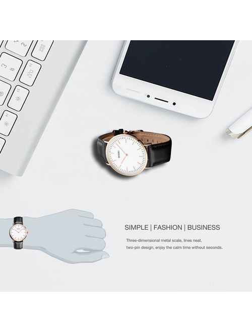Men's Dress Wrist Quartz Watch with Black Leather Band - Men Business Waterproof Classic Casual Analog Watches Fashion Thin Case Wristwatch