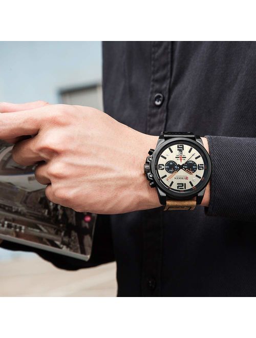 Military Watches for Men Men's Leather Strap Analog Quartz Wristwatch Fashion Sport Watch for Men Chronograph Date CAOWTAN