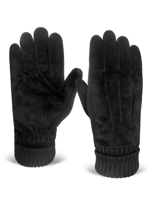 Men Winter Gloves,Touch Screen Texting Suede Leather Glove with Non-Slip Knit Cuff Thick Fleece Lining Warm Mittens