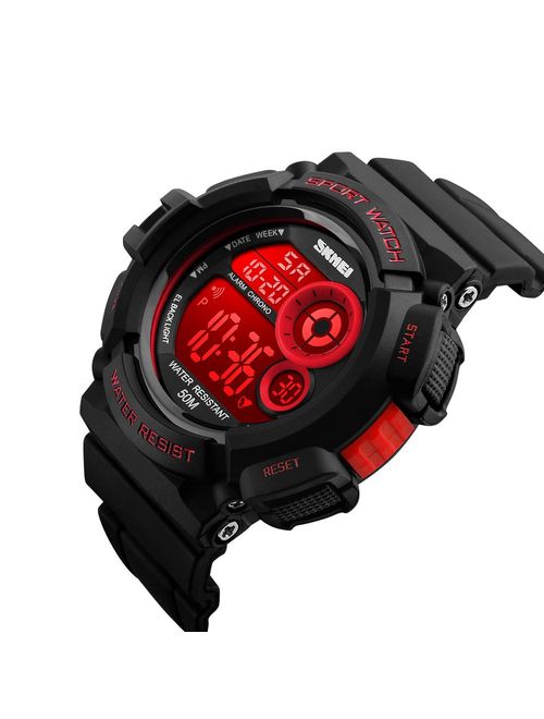 Mens Military Multifunction Digital Watches 50M Water Resistant Electronic 7 Color LED Backlight Black Sports Watch
