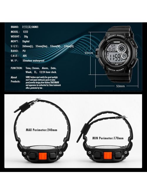 Mens Military Multifunction Digital Watches 50M Water Resistant Electronic 7 Color LED Backlight Black Sports Watch
