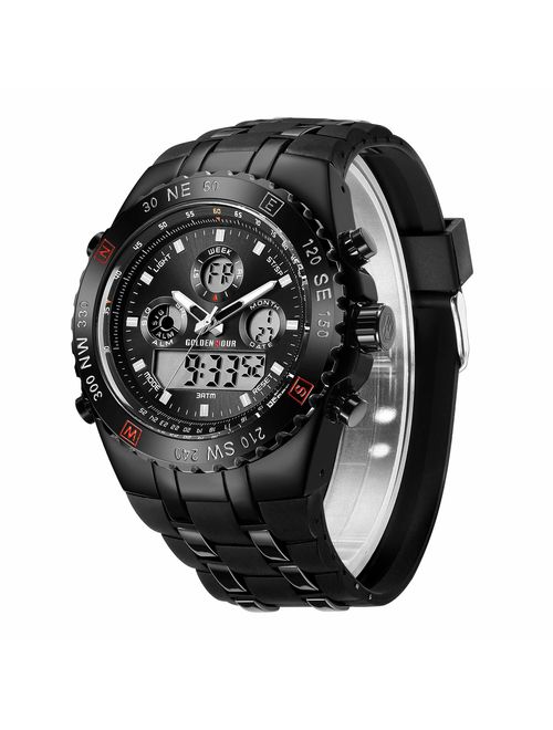 GOLDEN HOUR Huge Face Military Sports Mens Watches Waterproof, Stopwatch, Date and Date, Alarm, Luminous Digital Analog Stainless Steel Wrist Watch with Rubber Band