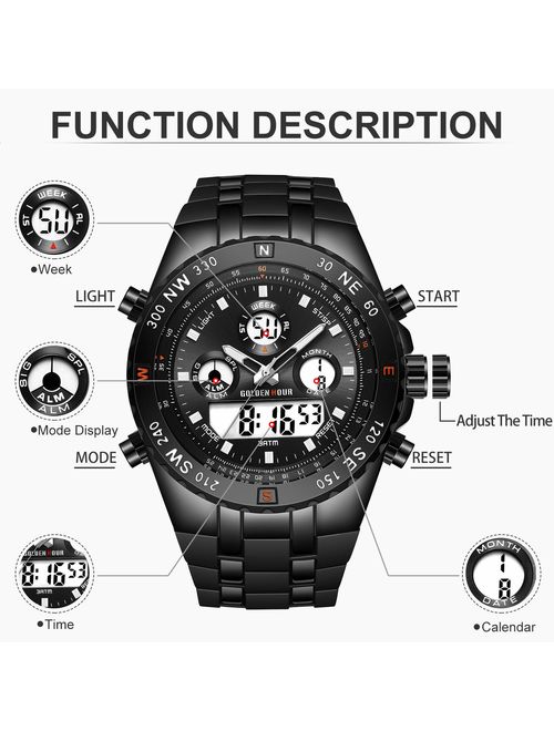 GOLDEN HOUR Huge Face Military Sports Mens Watches Waterproof, Stopwatch, Date and Date, Alarm, Luminous Digital Analog Stainless Steel Wrist Watch with Rubber Band