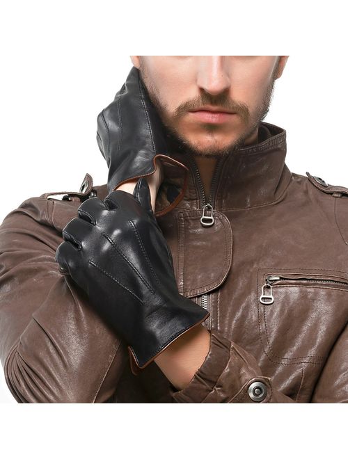 Nappaglo Mens Classic Fingerless Gloves Imported Lambskin Leather Silk Lining Half Finger Driving Cycling Outdoor Gloves