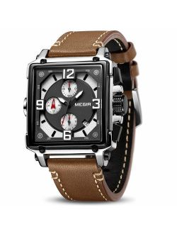 MEGIR Men's Analogue Army Military Chronograph Luminous Quartz Watch with Fashion Leather Strap for Sport & Business Work ML2061G
