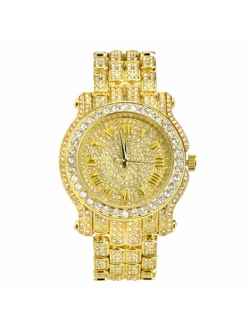 Techno Pave Totally Iced Out Pave Gold Tone Hip Hop Men's Bling Bling Watch