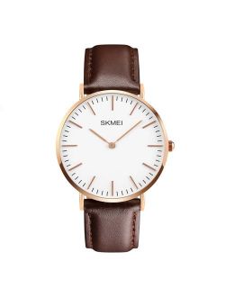 Men's Classic Dress Watch Casual Stainless Steel Quartz Wrist Business Analog Watch Brown Leather Band and Thin Dial