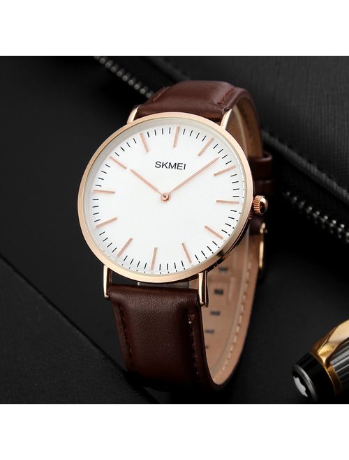 Men's Classic Dress Watch Casual Stainless Steel Quartz Wrist Business Analog Watch Brown Leather Band and Thin Dial