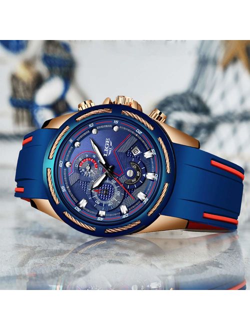 Lige Men's Watch Fashion Waterproof Silica Gel Chronograph Luxury Business Analog Quartz Watches Classic Black Belt Date Calendar Watch