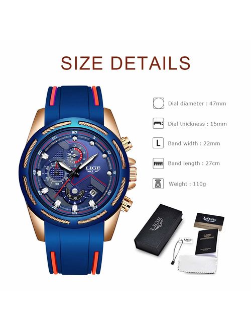 Lige Men's Watch Fashion Waterproof Silica Gel Chronograph Luxury Business Analog Quartz Watches Classic Black Belt Date Calendar Watch